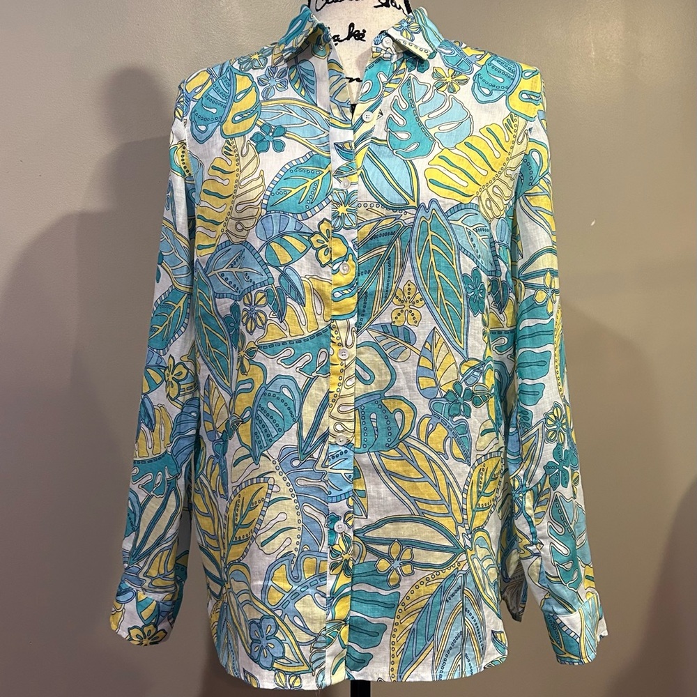 J. McLaughlin Button-Down Shirt in White, Turquoise & Yellow Leaf Print